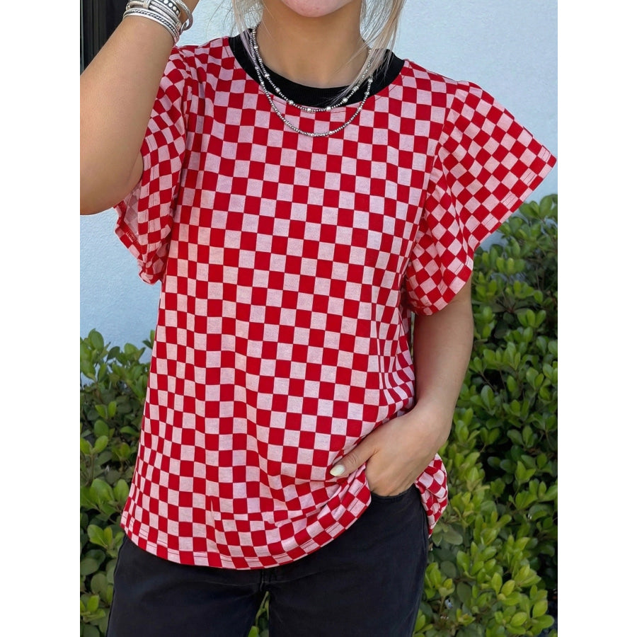 Checkered Print Ruffle Cap Sleeve Contrast Trim Round Neck Top Apparel and Accessories