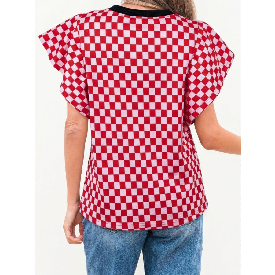 Checkered Print Ruffle Cap Sleeve Contrast Trim Round Neck Top Apparel and Accessories