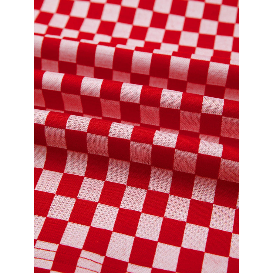 Checkered Print Ruffle Cap Sleeve Contrast Trim Round Neck Top Apparel and Accessories