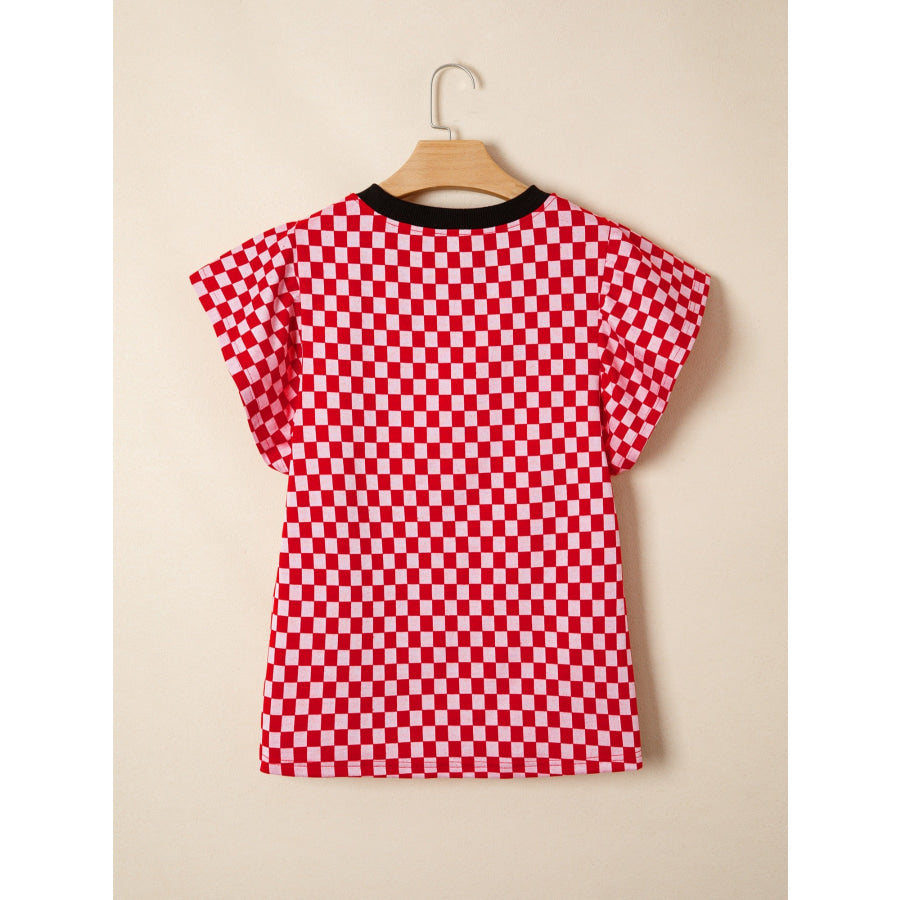 Checkered Print Ruffle Cap Sleeve Contrast Trim Round Neck Top Apparel and Accessories