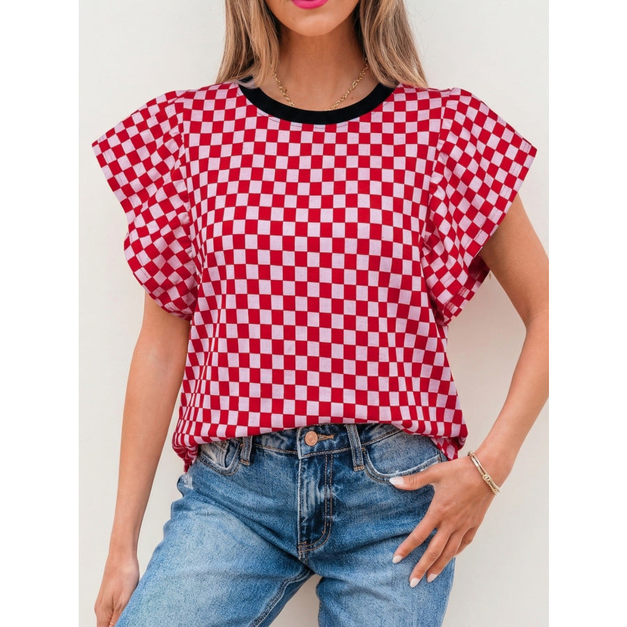 Checkered Print Ruffle Cap Sleeve Contrast Trim Round Neck Top Deep Rose / S Apparel and Accessories