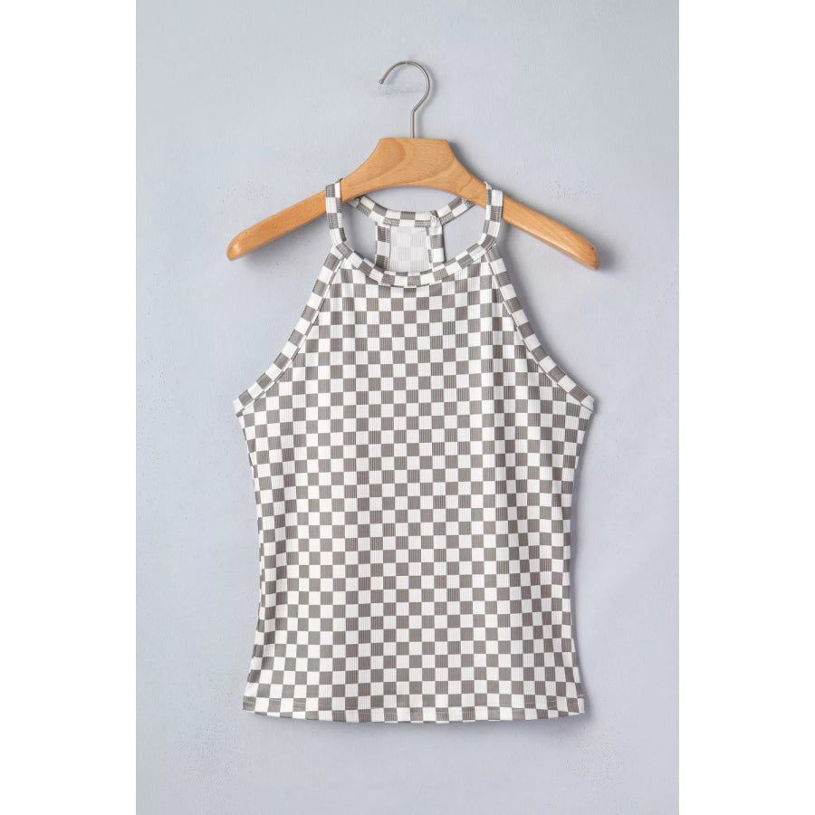 Checkered Print Textured Halter Tank Top Apparel and Accessories
