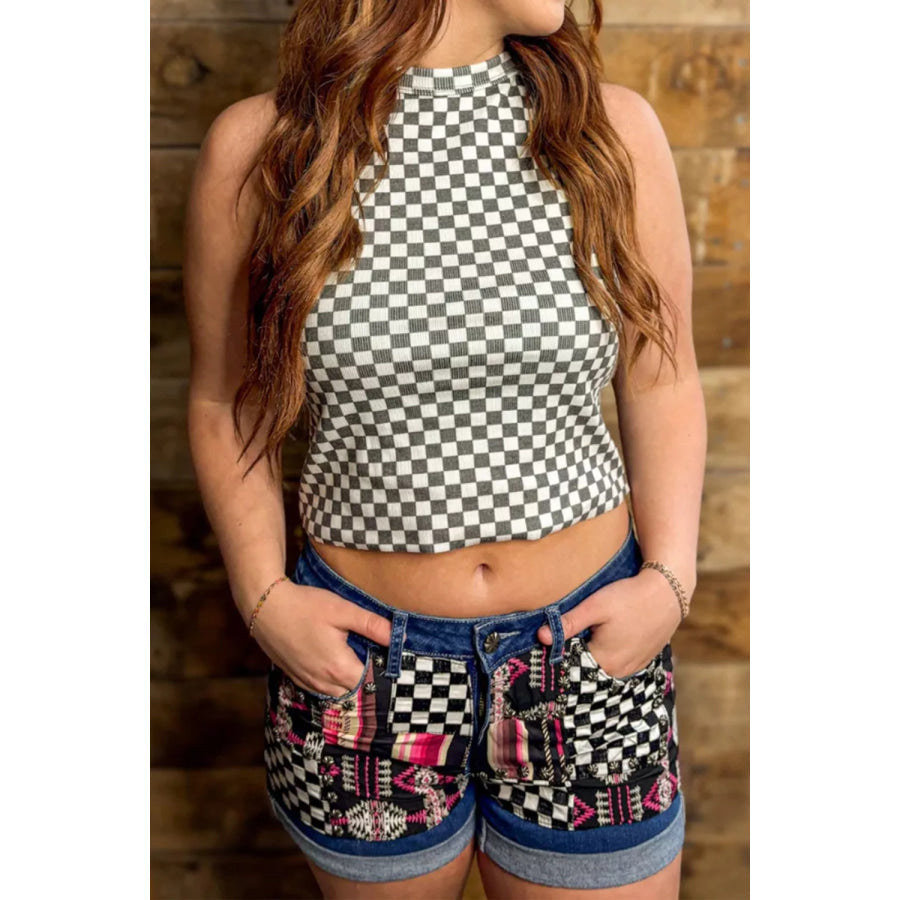Checkered Print Textured Halter Tank Top Apparel and Accessories