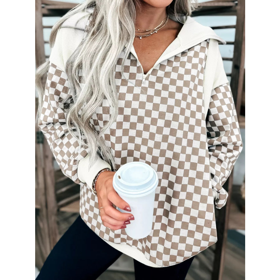 Checkered Quarter Zip Sweatshirt Khaki / S Apparel and Accessories
