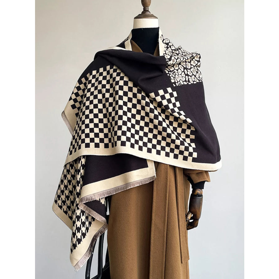Checkered Raw Hem Scarf Black And White / One Size Apparel and Accessories