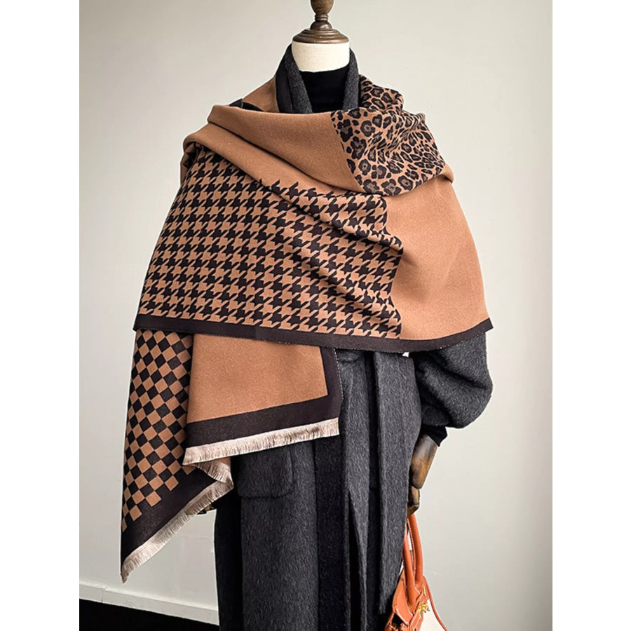 Checkered Raw Hem Scarf Dark Brown / One Size Apparel and Accessories