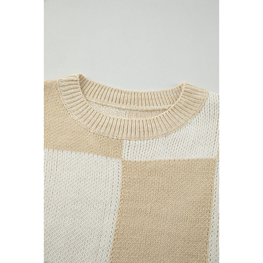 Checkered Round Neck Drop Shoulder Sweater Apparel and Accessories