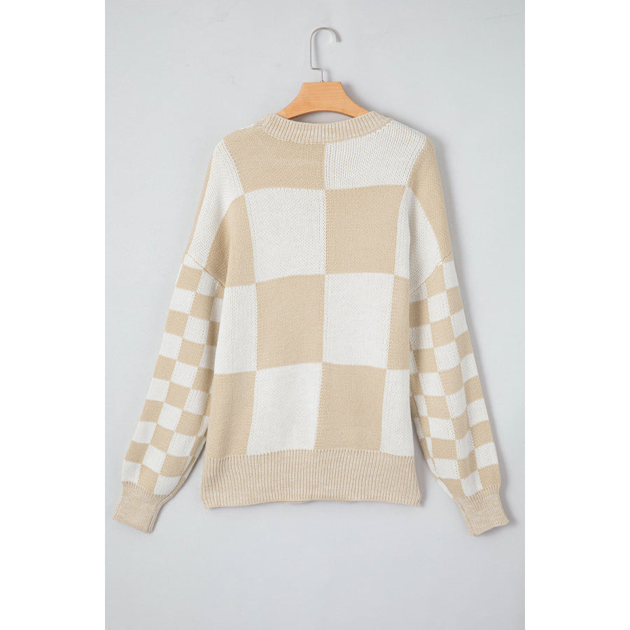 Checkered Round Neck Drop Shoulder Sweater Apparel and Accessories