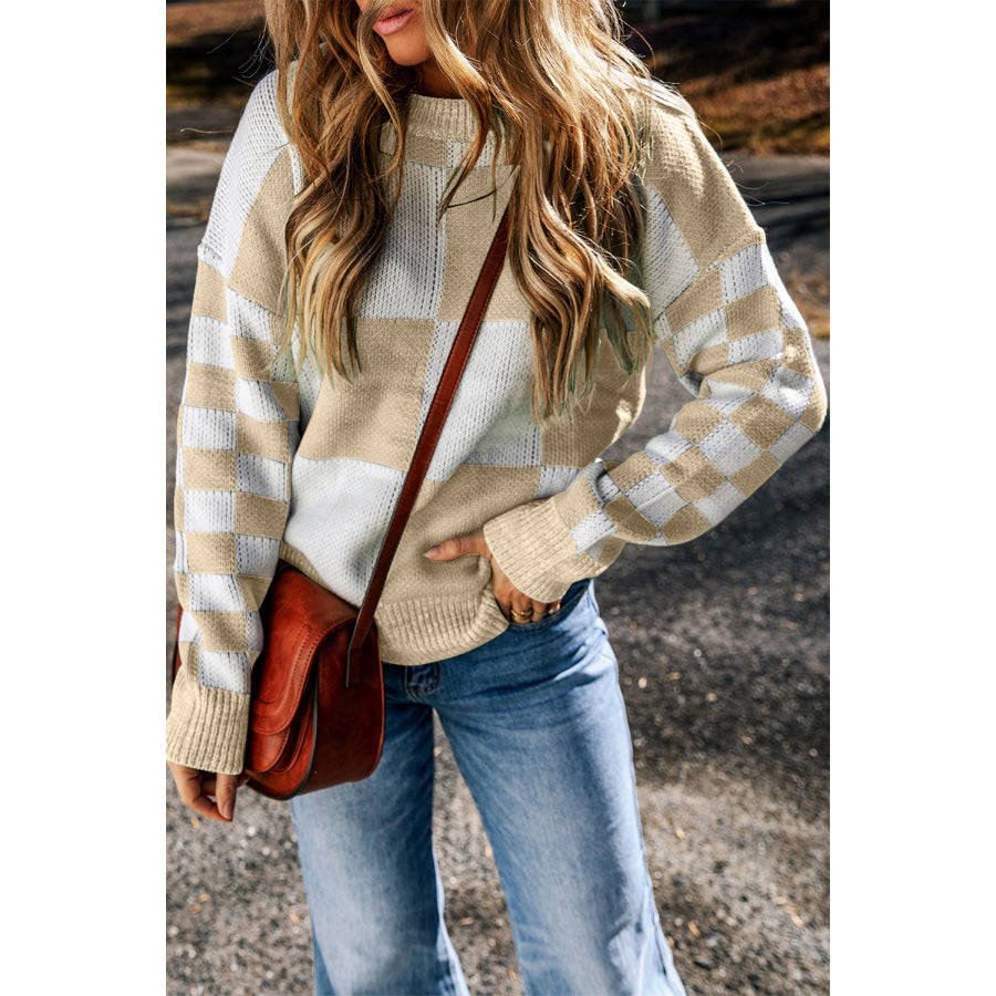 Checkered Round Neck Drop Shoulder Sweater Apparel and Accessories