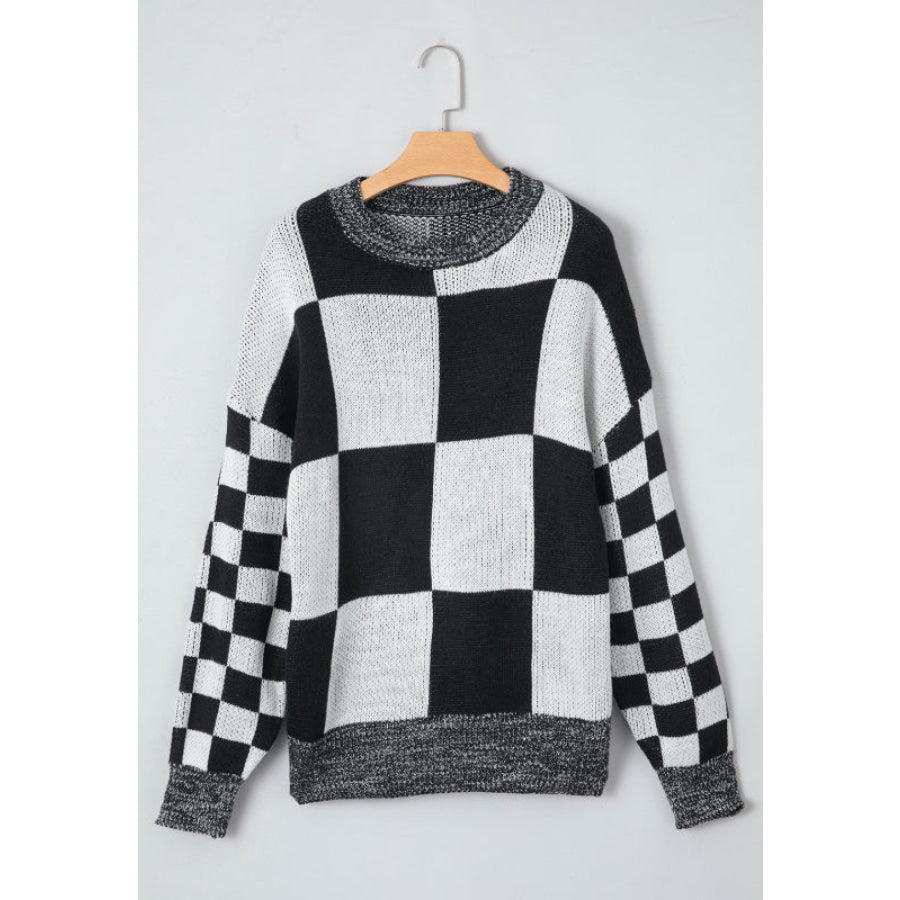 Checkered Round Neck Drop Shoulder Sweater Apparel and Accessories