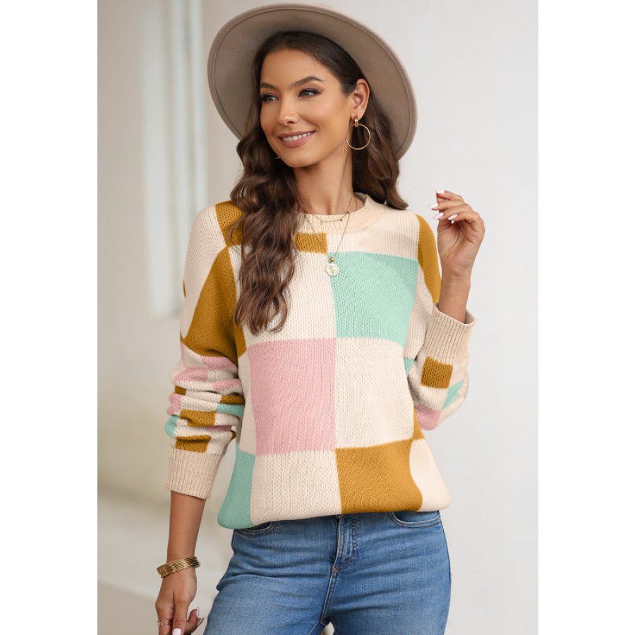 Checkered Round Neck Drop Shoulder Sweater Apparel and Accessories