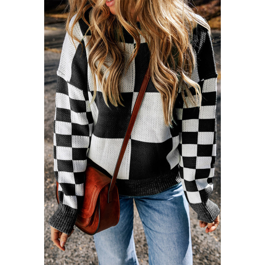 Checkered Round Neck Drop Shoulder Sweater Apparel and Accessories