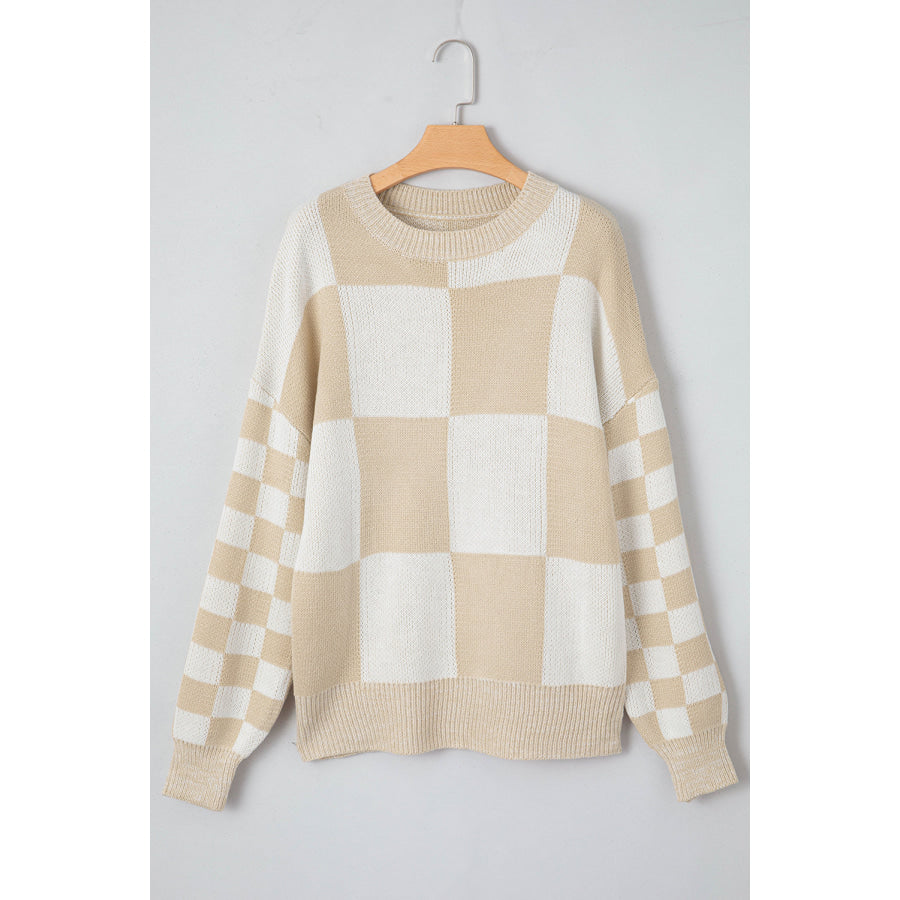 Checkered Round Neck Drop Shoulder Sweater Apparel and Accessories