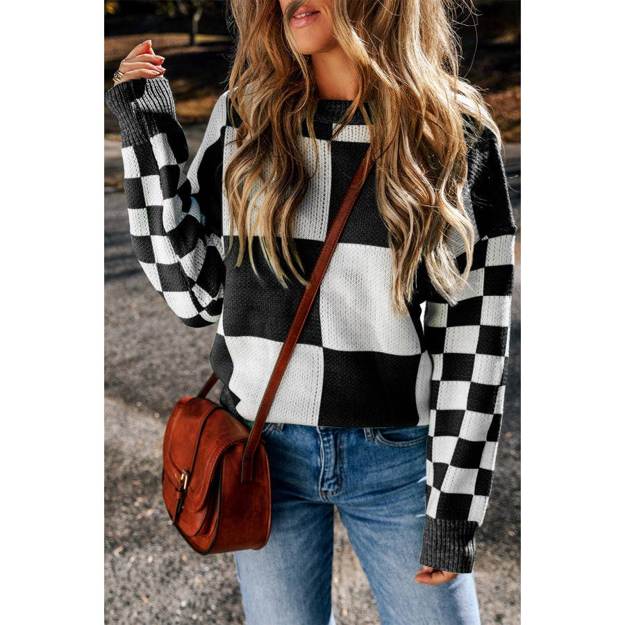 Checkered Round Neck Drop Shoulder Sweater Apparel and Accessories