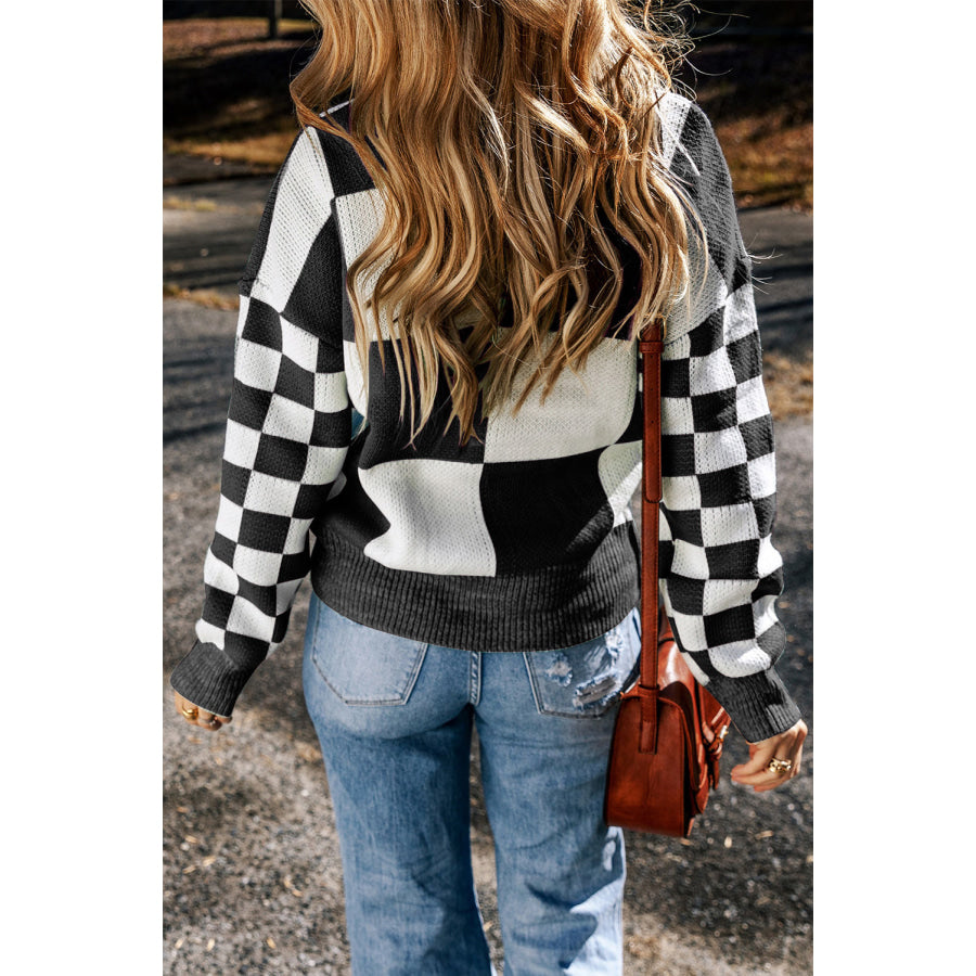 Checkered Round Neck Drop Shoulder Sweater Apparel and Accessories