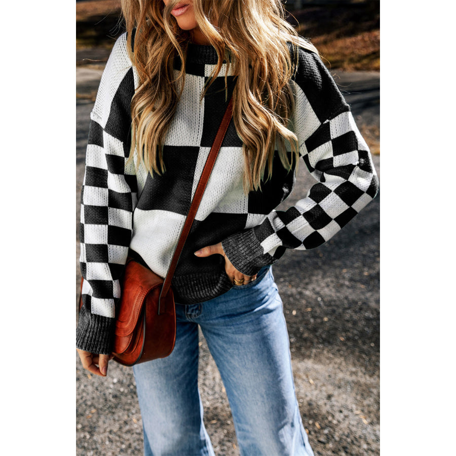 Checkered Round Neck Drop Shoulder Sweater Apparel and Accessories