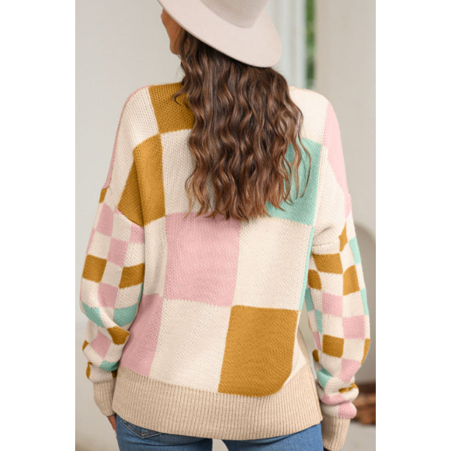 Checkered Round Neck Drop Shoulder Sweater Apparel and Accessories