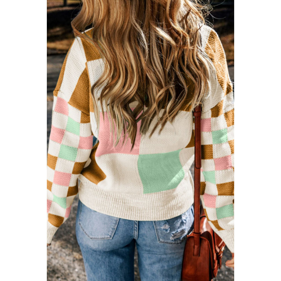 Checkered Round Neck Drop Shoulder Sweater Apparel and Accessories