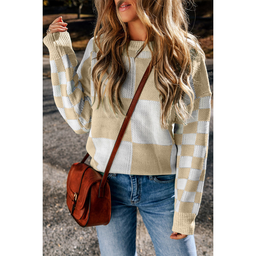 Checkered Round Neck Drop Shoulder Sweater Beige / S Apparel and Accessories