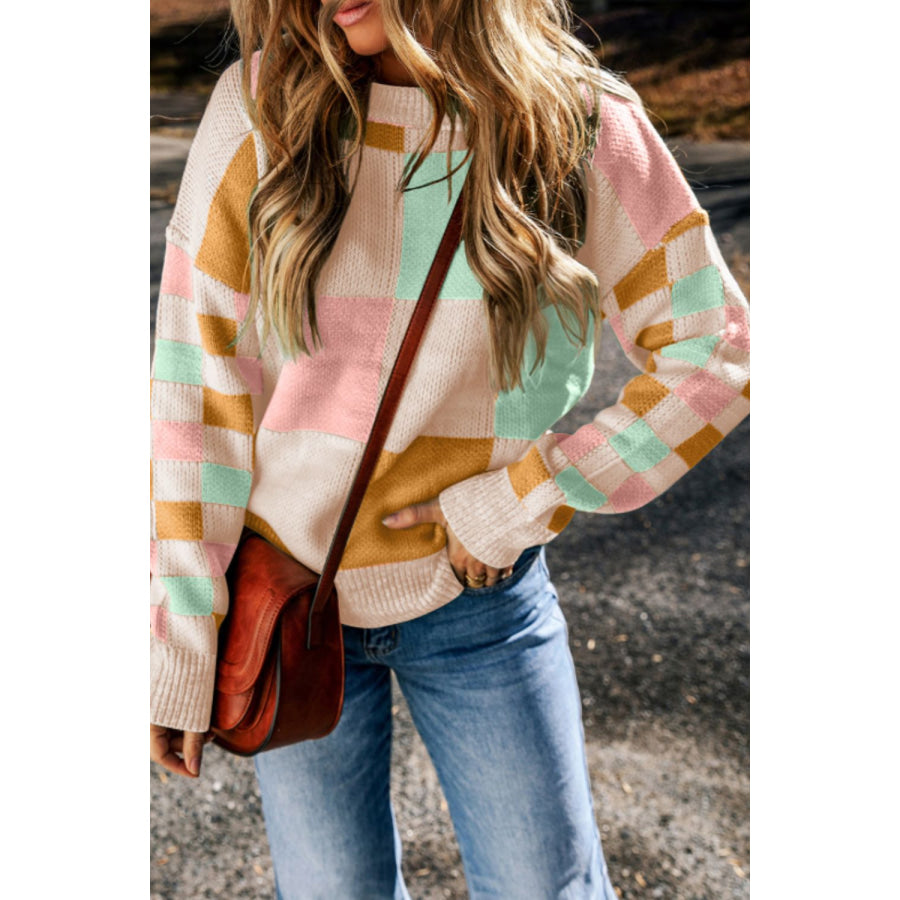 Checkered Round Neck Drop Shoulder Sweater Blush Pink / S Apparel and Accessories