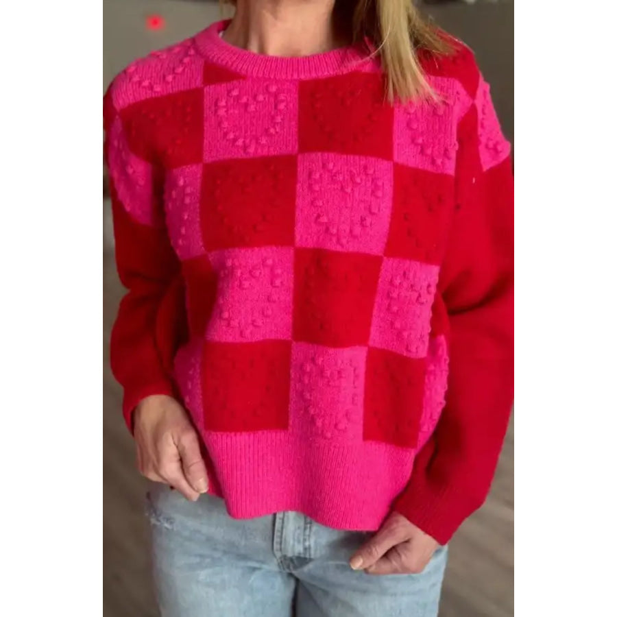 Checkered Round Neck Dropped Shoulder Sweater Apparel and Accessories