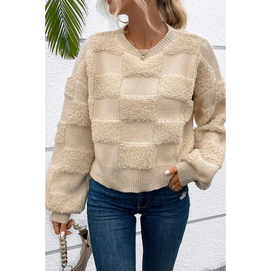 Checkered Round Neck Dropped Shoulder Sweater Apparel and Accessories