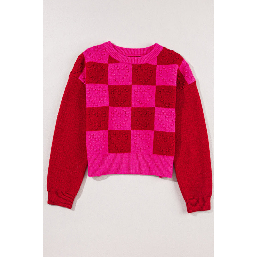 Checkered Round Neck Dropped Shoulder Sweater Apparel and Accessories