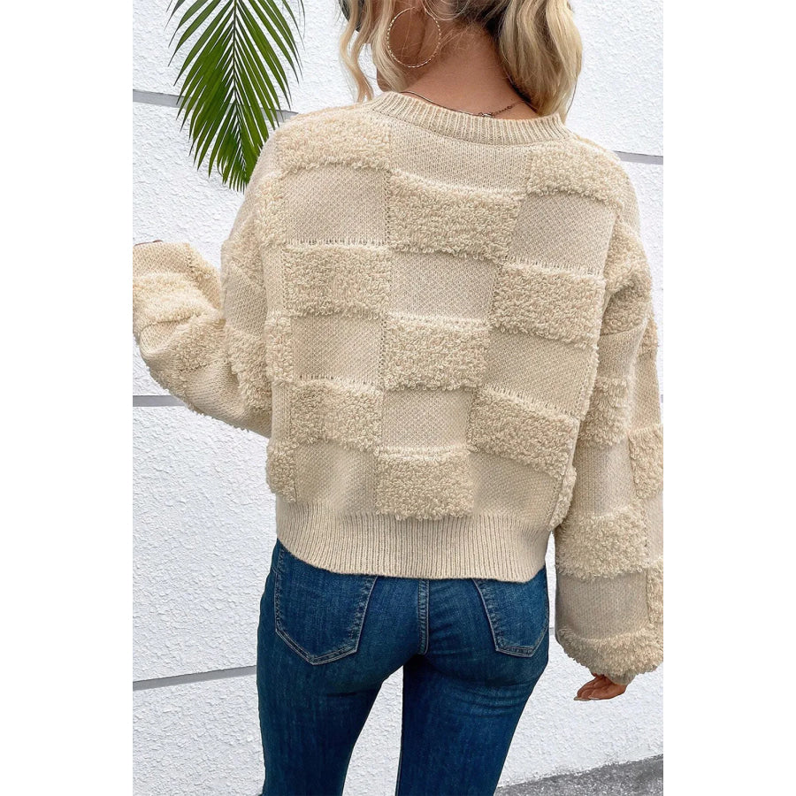 Checkered Round Neck Dropped Shoulder Sweater Beige / S Apparel and Accessories