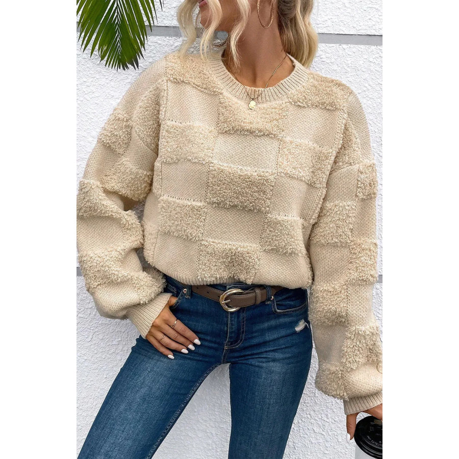 Checkered Round Neck Dropped Shoulder Sweater Apparel and Accessories