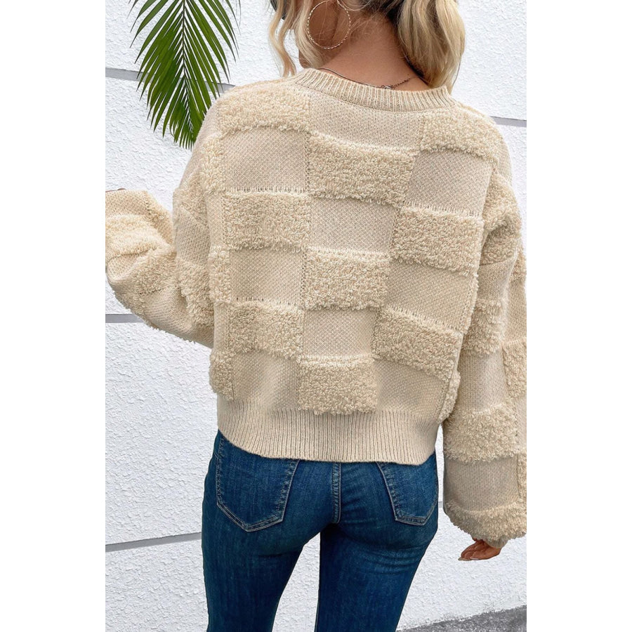 Checkered Round Neck Dropped Shoulder Sweater Apparel and Accessories