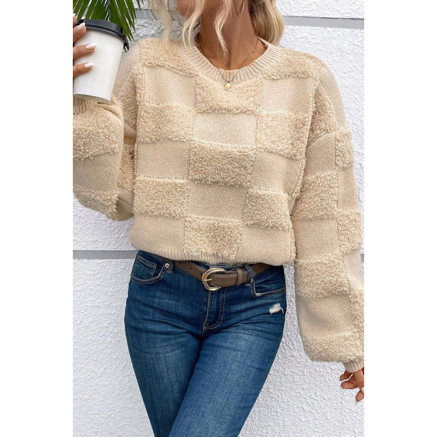 Checkered Round Neck Dropped Shoulder Sweater Apparel and Accessories