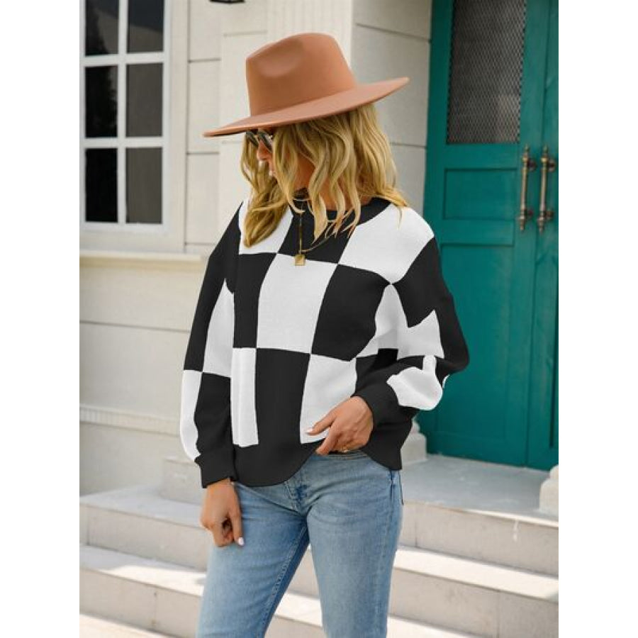 Checkered Round Neck Dropped Shoulder Sweater Apparel and Accessories