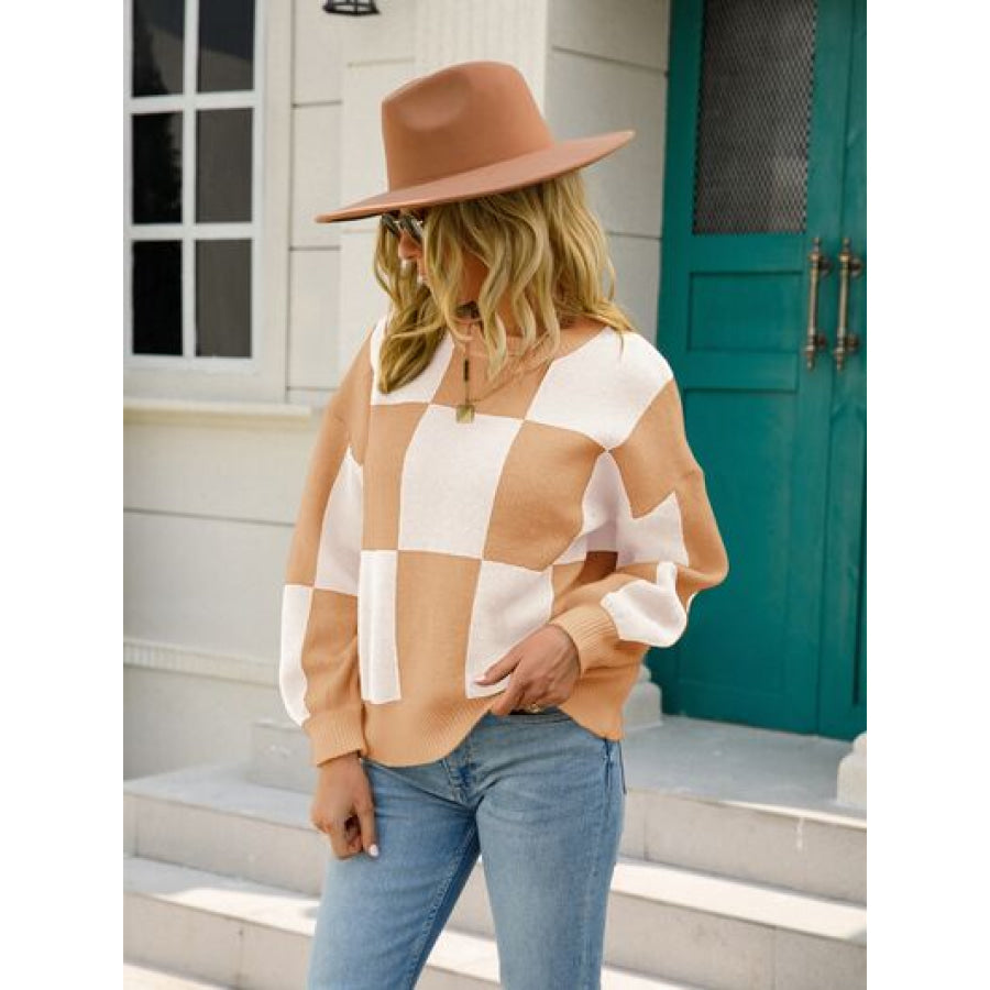 Checkered Round Neck Dropped Shoulder Sweater Apparel and Accessories