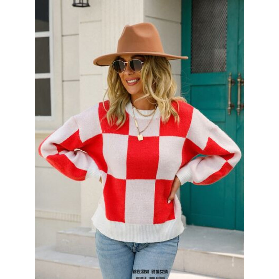 Checkered Round Neck Dropped Shoulder Sweater Red / S Apparel and Accessories