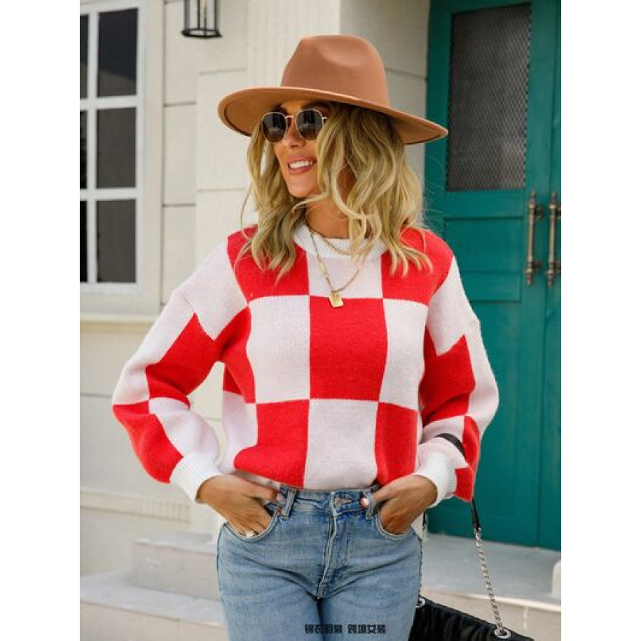 Checkered Round Neck Dropped Shoulder Sweater Apparel and Accessories