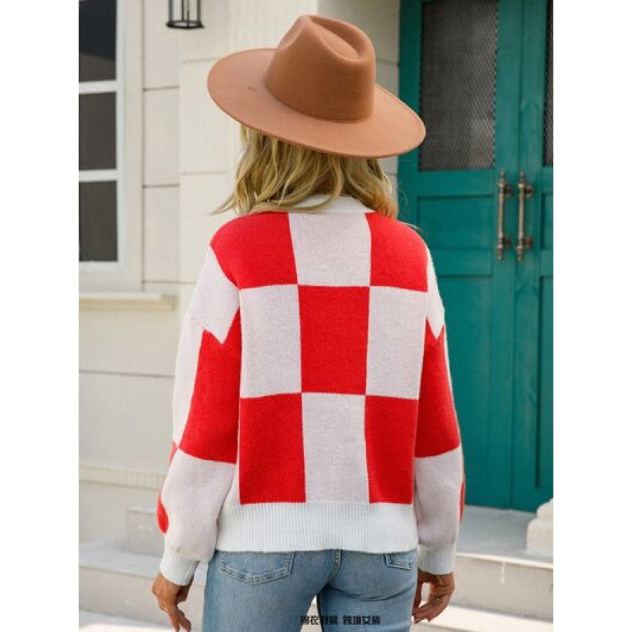 Checkered Round Neck Dropped Shoulder Sweater Apparel and Accessories