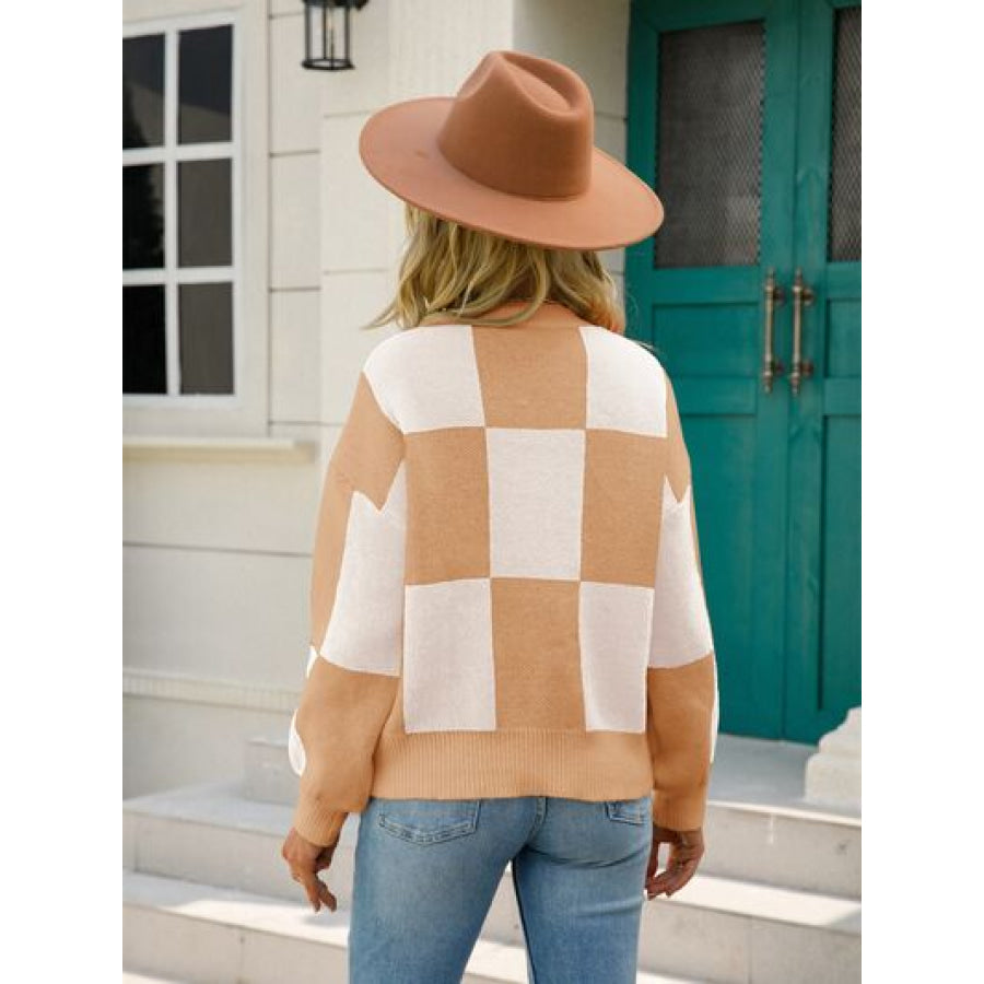 Checkered Round Neck Dropped Shoulder Sweater Apparel and Accessories