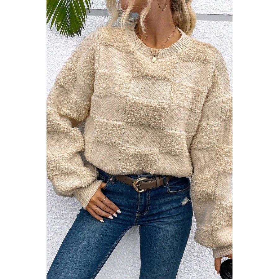 Checkered Round Neck Dropped Shoulder Sweater Beige / S Apparel and Accessories