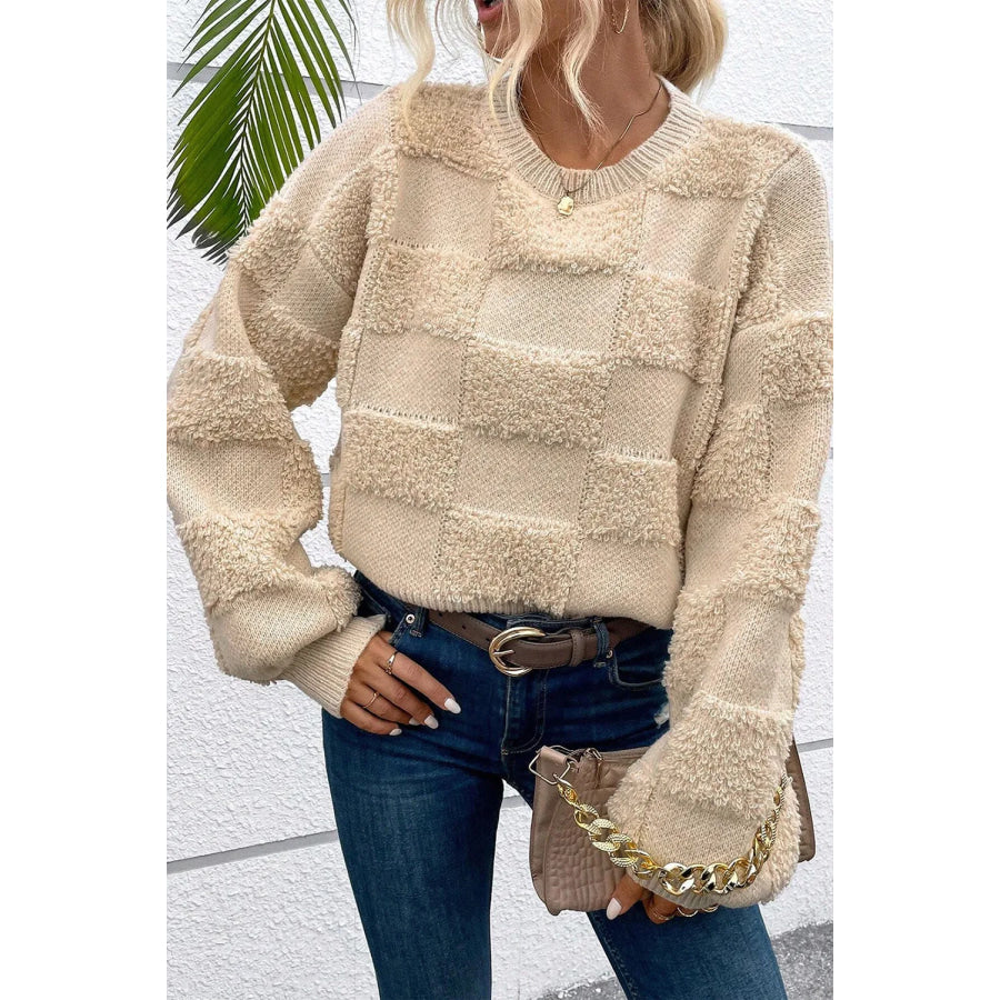 Checkered Round Neck Dropped Shoulder Sweater Beige / S Apparel and Accessories