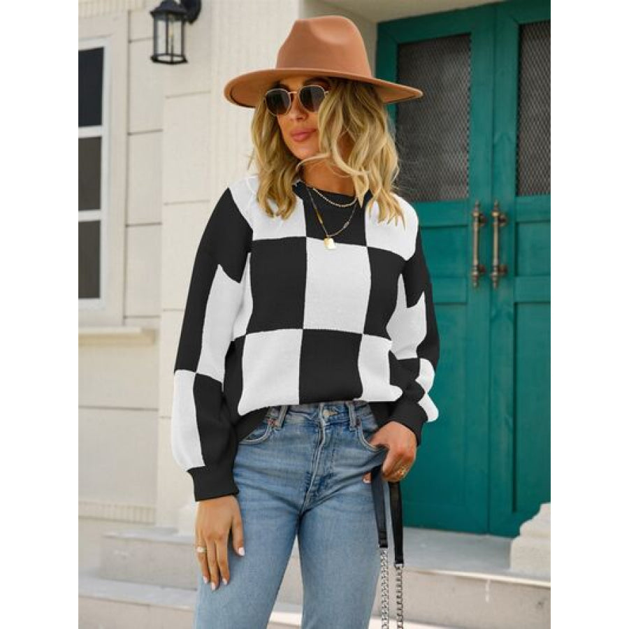 Checkered Round Neck Dropped Shoulder Sweater Black / S Apparel and Accessories