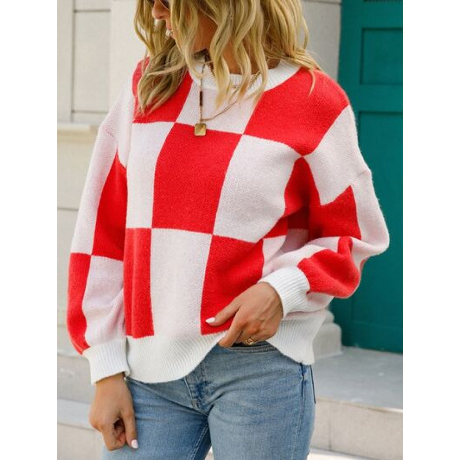Checkered Round Neck Dropped Shoulder Sweater Red / S Apparel and Accessories