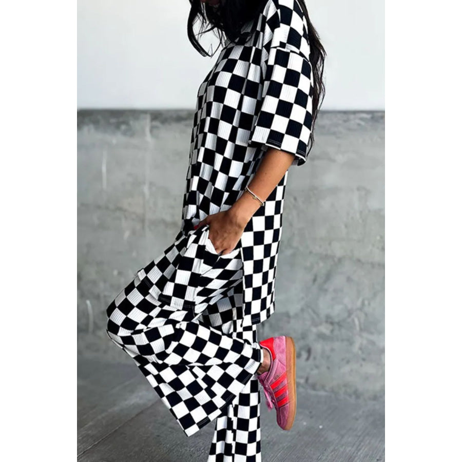 Checkered Round Neck Half Sleeve Top and Pants Set Apparel and Accessories