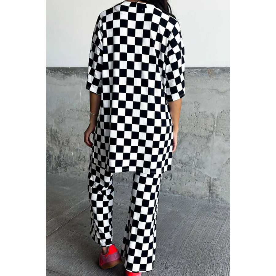 Checkered Round Neck Half Sleeve Top and Pants Set Apparel and Accessories