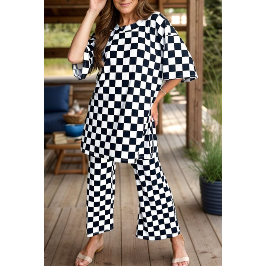 Checkered Round Neck Half Sleeve Top and Pants Set Black / S Apparel and Accessories