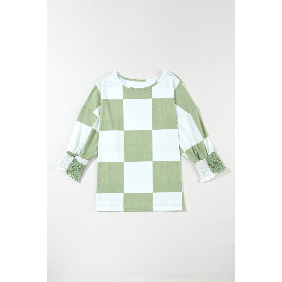 Checkered Round Neck Lantern Sleeve Top Matcha Green / S Apparel and Accessories