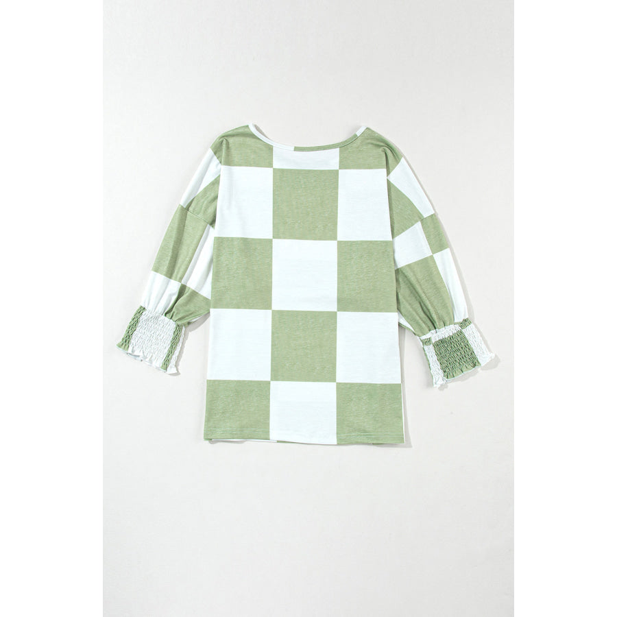 Checkered Round Neck Lantern Sleeve Top Apparel and Accessories