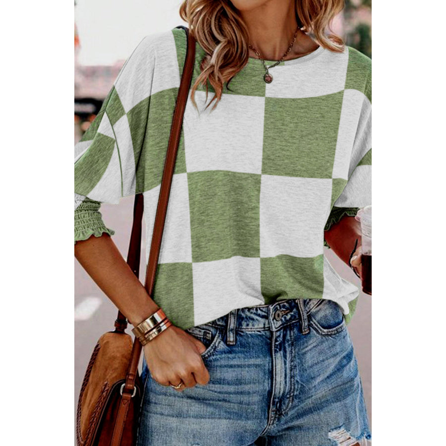 Checkered Round Neck Lantern Sleeve Top Matcha Green / S Apparel and Accessories