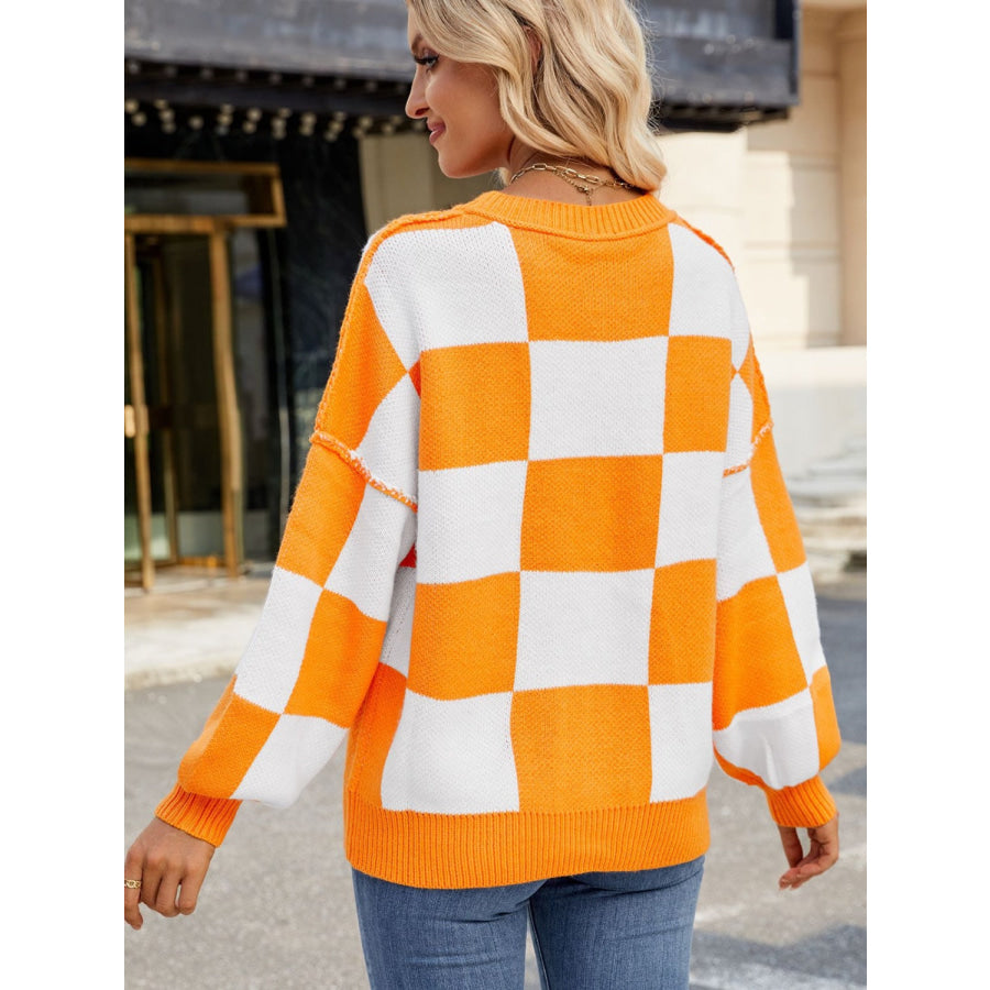 Checkered Round Neck Long Sleeve Sweater Apparel and Accessories