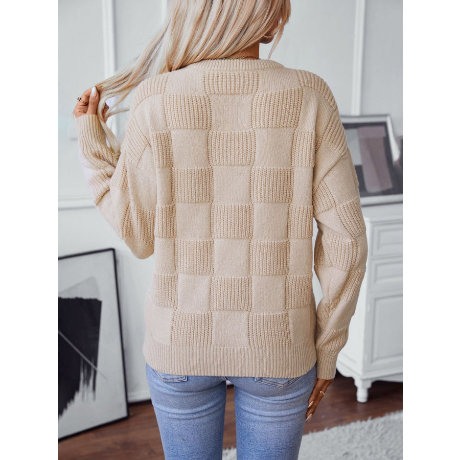 Checkered Round Neck Long Sleeve Sweater Tan / S Apparel and Accessories