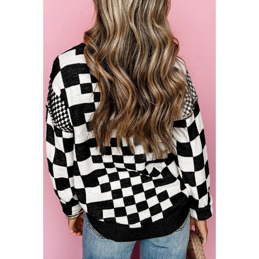 Checkered Round Neck Long Sleeve Sweater Apparel and Accessories